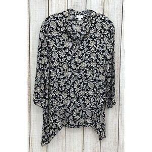 J. Jill Black Floral Button Front Blouse Size‎ Large 100% Rayon Boho Lightweight